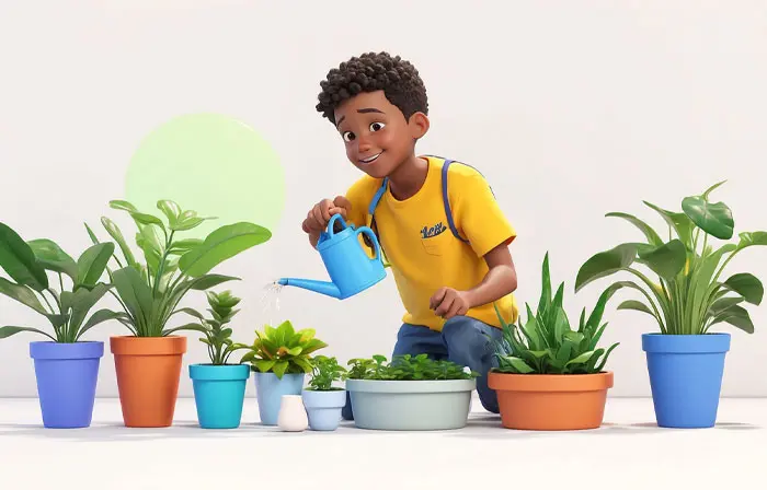 Boy Watering Tree Plant at Home 3D Character Scene Illustration image